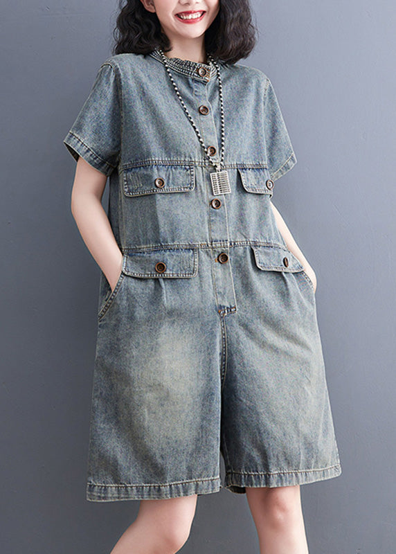 O Neck Blue Patchwork Button Plus Size Denim Jumpsuit Short Sleeves