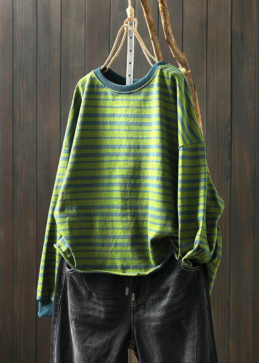 Plus Size Green O Neck Striped Patchwork Cotton T Shirt Top Fall