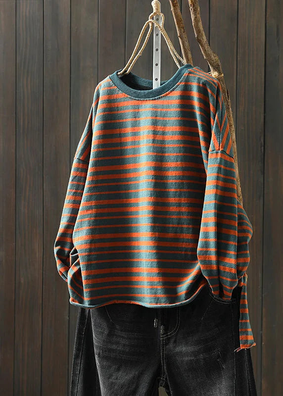 Plus Size Green O Neck Striped Patchwork Cotton T Shirt Top Fall