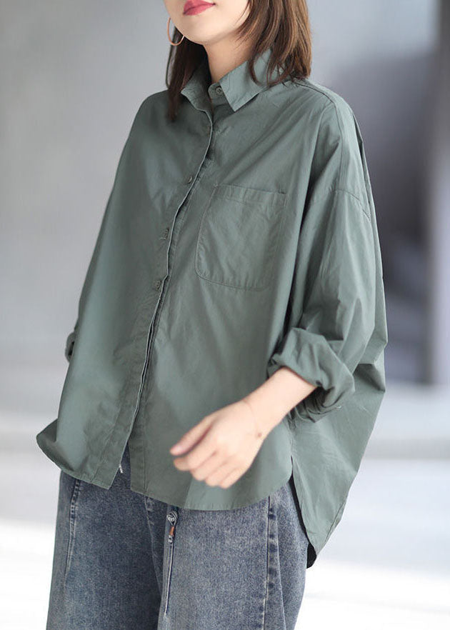 Green Peter Pan Collar Patchwork Cotton Oversized Shirt Top Spring