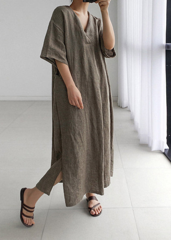 Plus Size Grey Peter Pan Collar Pockets Linen Long Dresses Short Sleeve