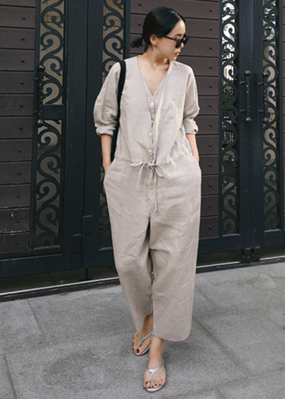 Plus Size Grey V Neck Button Linen Jumpsuit Spring