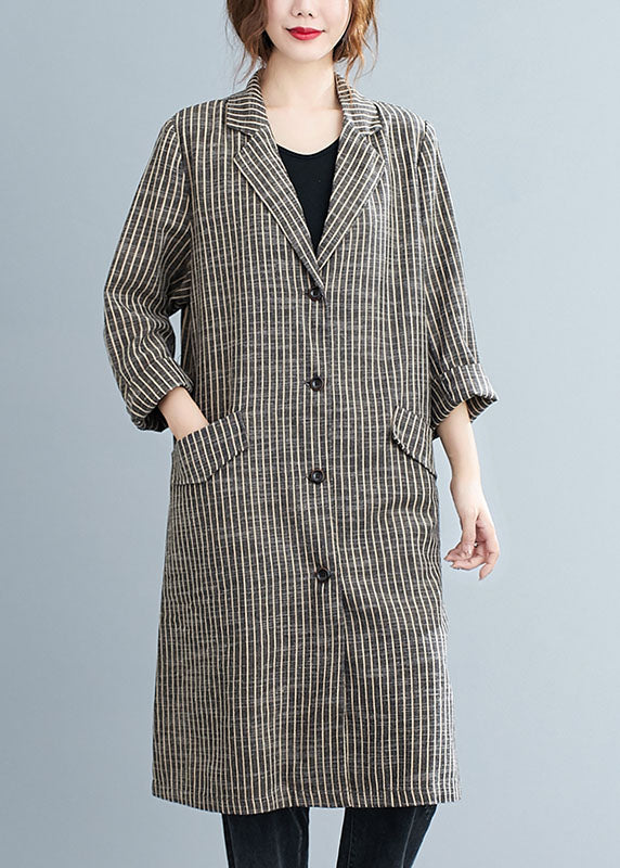 Khaki Peter Pan Collar Button Pocket Stripe Oversized Fall Long Sleeve Trench Coats