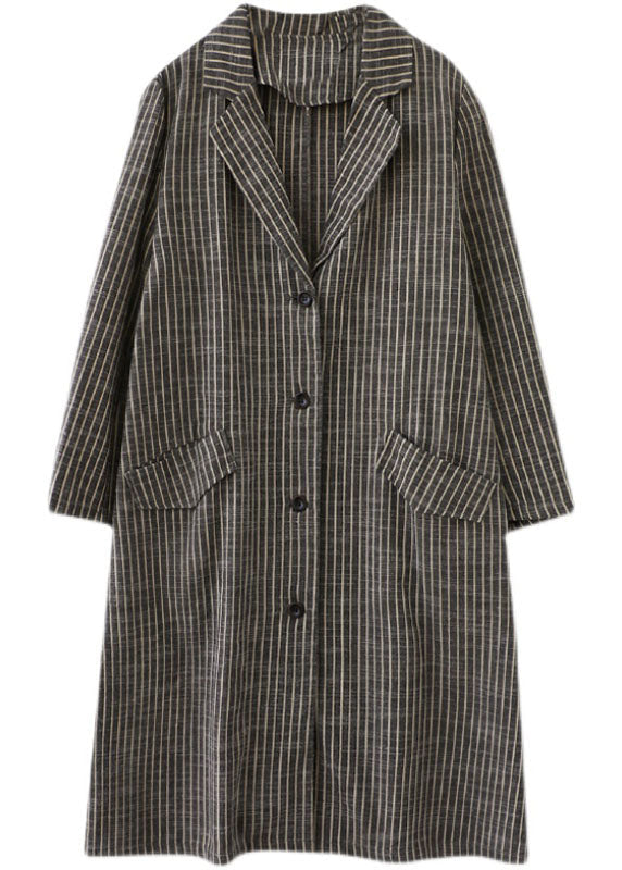 Khaki Peter Pan Collar Button Pocket Stripe Oversized Fall Long Sleeve Trench Coats