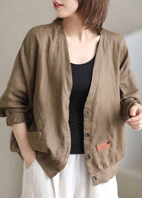 Khaki V Neck Loose Button Fall Plus Size Long Sleeve Jacket