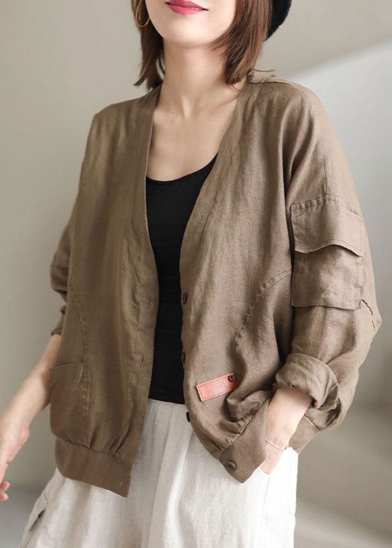 Khaki V Neck Loose Button Fall Plus Size Long Sleeve Jacket