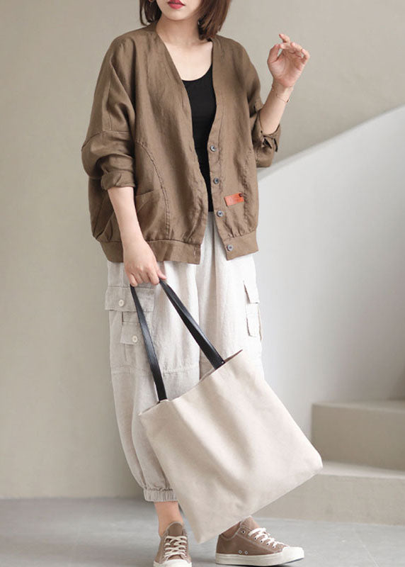 Khaki V Neck Loose Button Fall Plus Size Long Sleeve Jacket