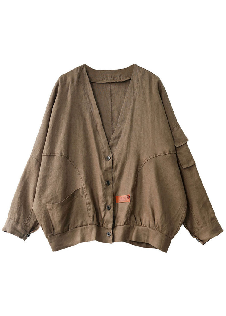 Khaki V Neck Loose Button Fall Plus Size Long Sleeve Jacket