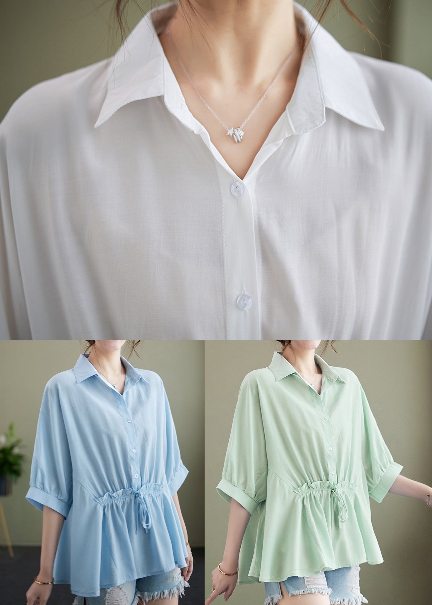 Summer Light Blue Cotton Ruffle Cinched Blouse Top