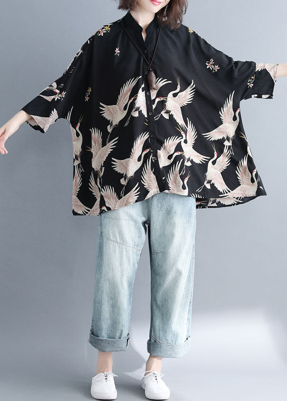 Navy Oversized Stand Collar Oversized Printed Chiffon Top With Batwing Sleeves