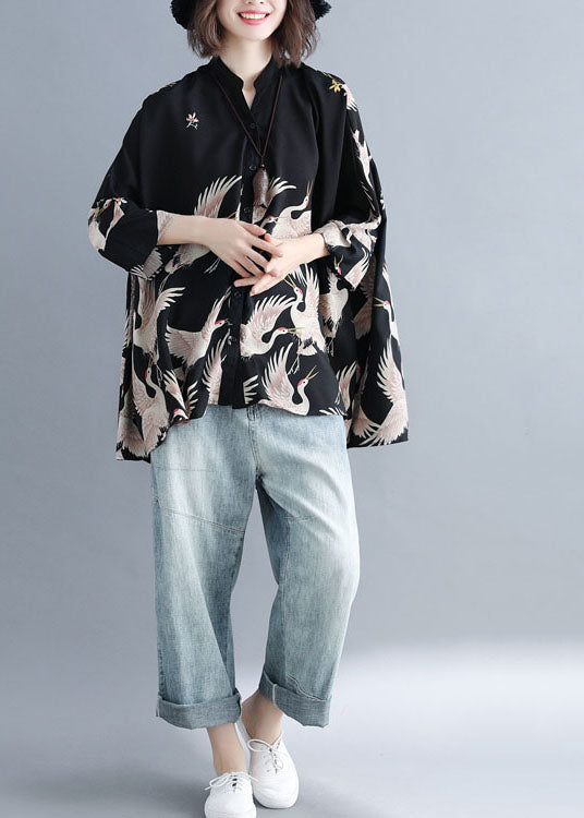 Navy Oversized Stand Collar Oversized Printed Chiffon Top With Batwing Sleeves