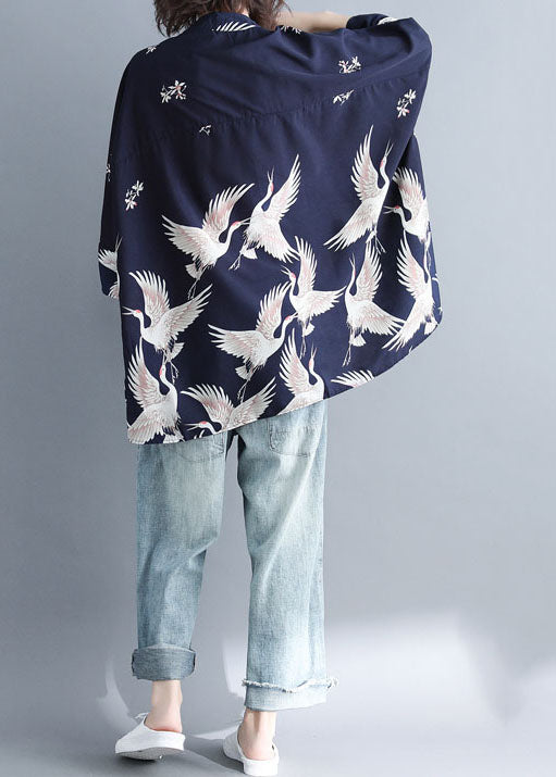 Navy Oversized Stand Collar Oversized Printed Chiffon Top With Batwing Sleeves