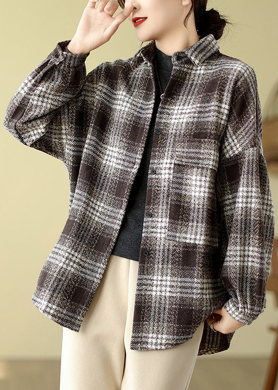 Plus Size Orange Plaid Peter Pan Collar Woolen Shirts Tops Fall