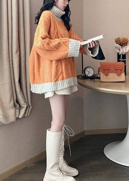 Plus Size Orange Turtle Neck Patchwork Knit Knitted Tops Winter