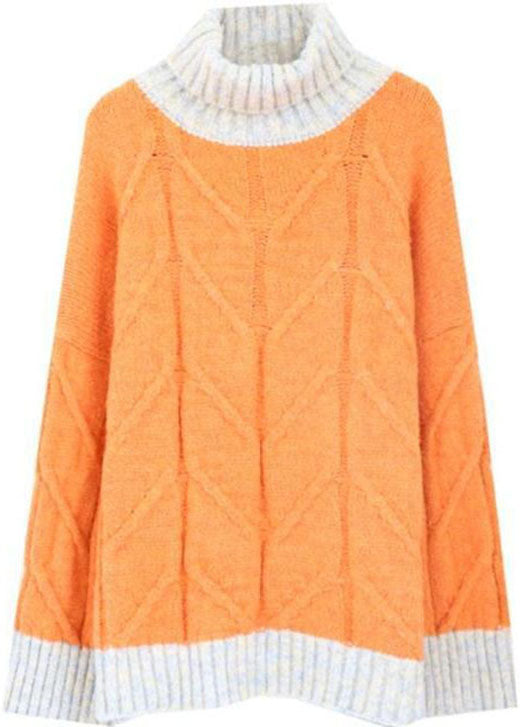 Plus Size Orange Turtle Neck Patchwork Knit Knitted Tops Winter