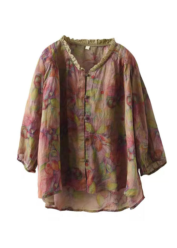 Pink V Neck Ruffle Print Linen Plus Size Blouse Top Half Sleeve