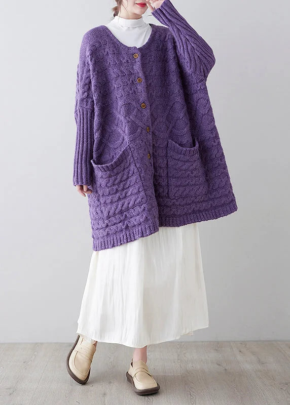 Plus Size Purple Button Pockets Cotton Knit Cardigan Fall