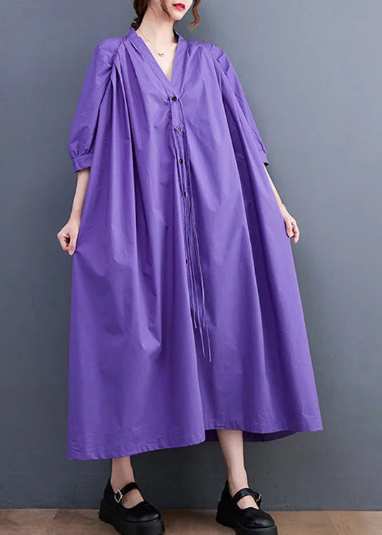 Plus Size Purple V Neck Button Long Dresses Summer