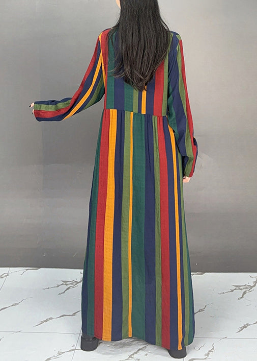 Plus Size V Neck Ruffled Striped Cotton Long Dresses Fall