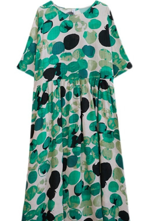 Summer polka dot print cotton and linen dress