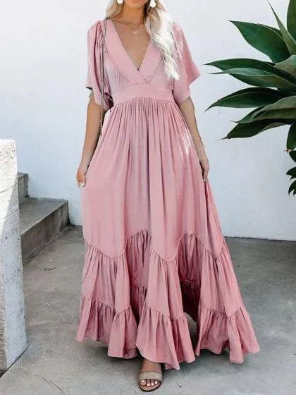 Pure V-Neck Pocket Belted Bohemian Maxi Dress