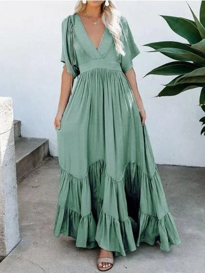 Pure V-Neck Pocket Belted Bohemian Maxi Dress