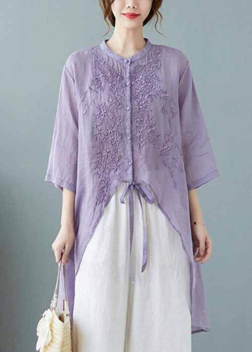 Purple Button Pockets Linen Tops Half Sleeve