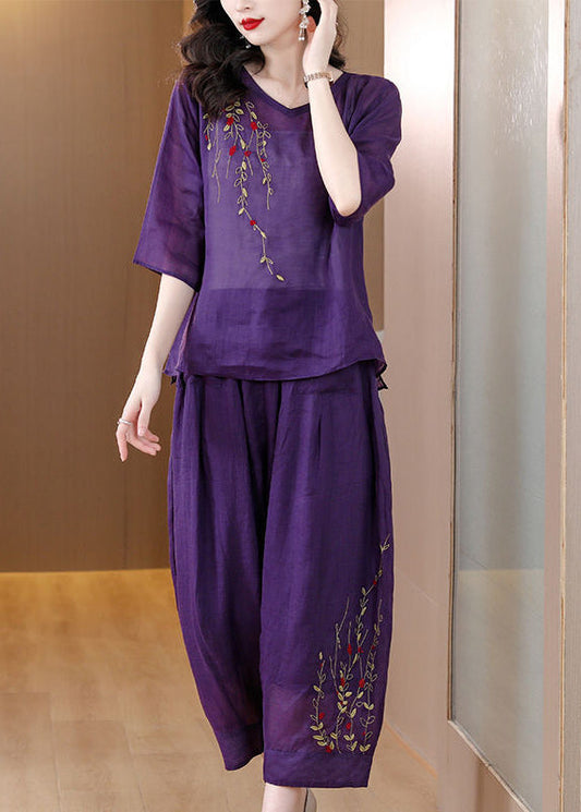 Purple Loose Linen Two Piece Suit Set Embroidered Half Sleeve