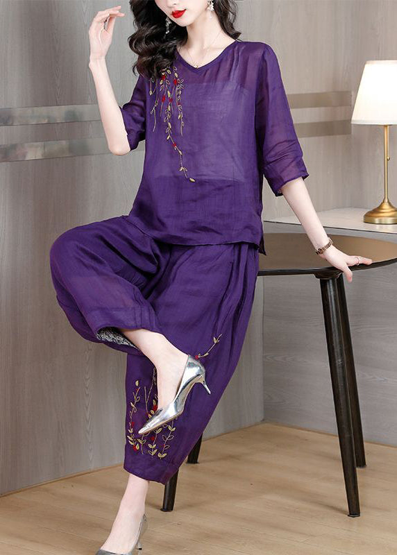 Purple Loose Linen Two Piece Suit Set Embroidered Half Sleeve