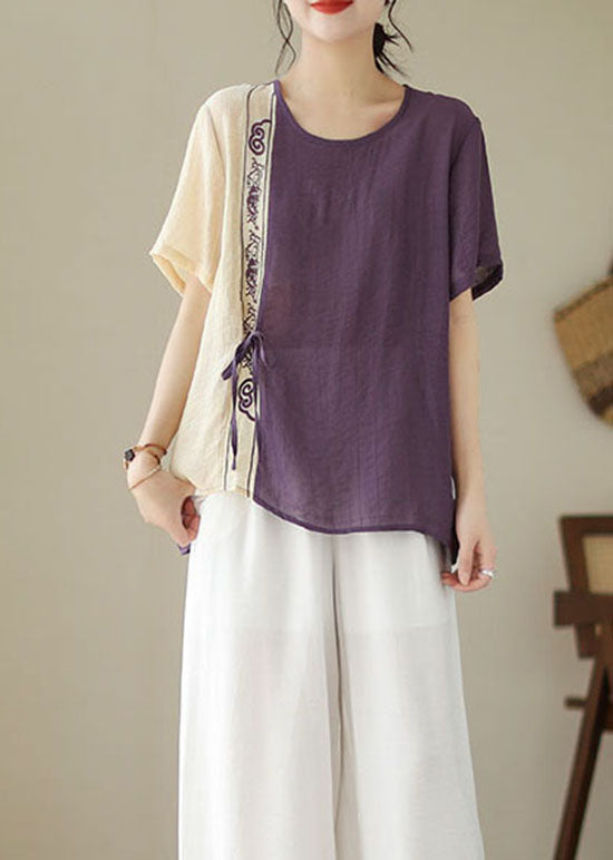 Purple Patchwork Embroidered Cotton Blouses Lace-Up Summer