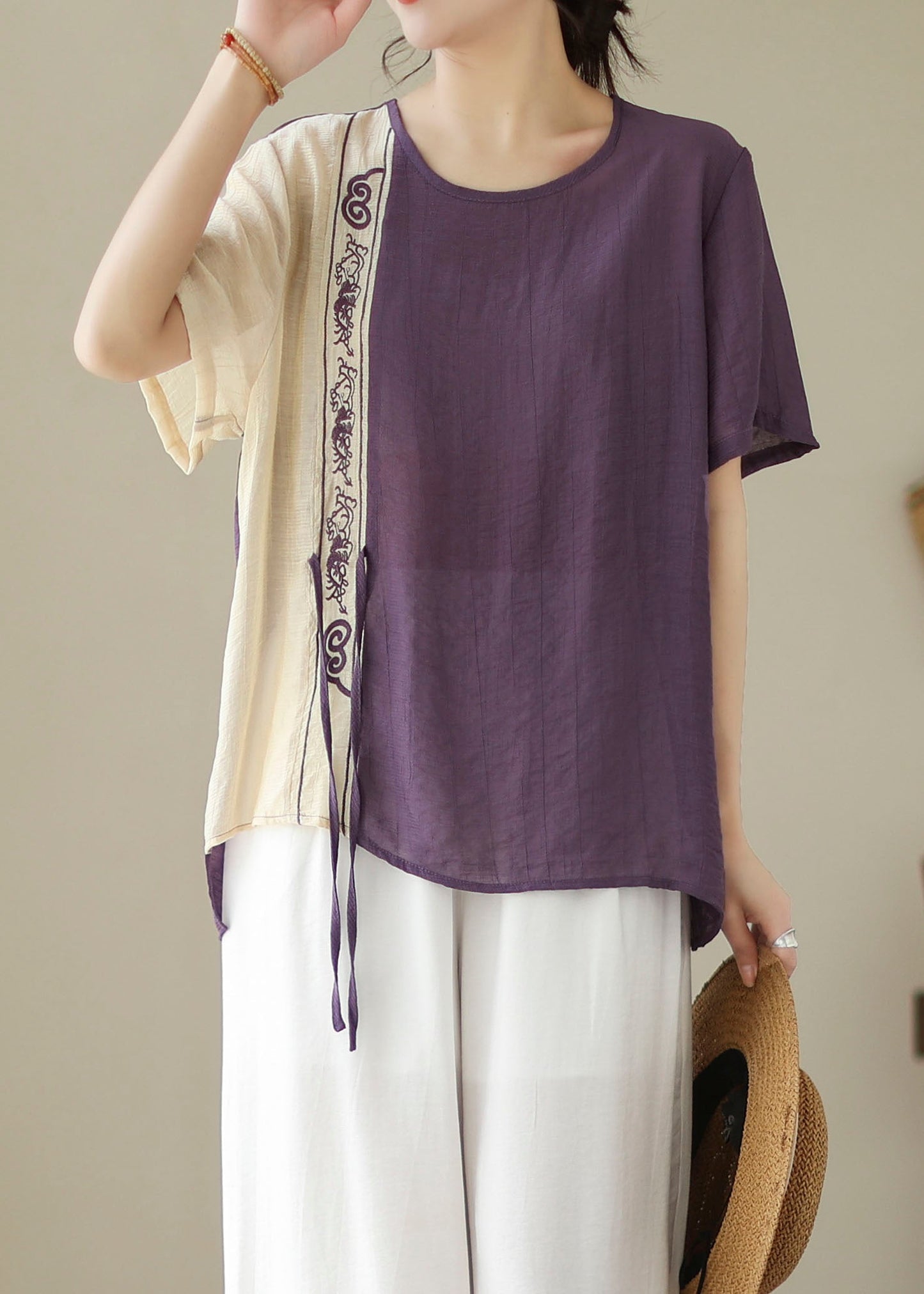 Purple Patchwork Embroidered Cotton Blouses Lace-Up Summer