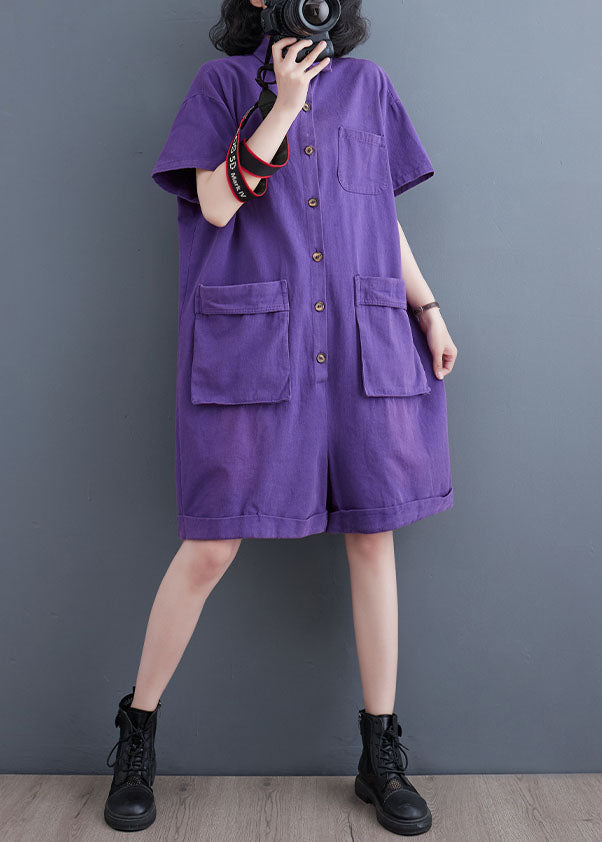 Purple Pockets Patchwork Peter Pan Collar Denim Shorts Jumpsuits Summer