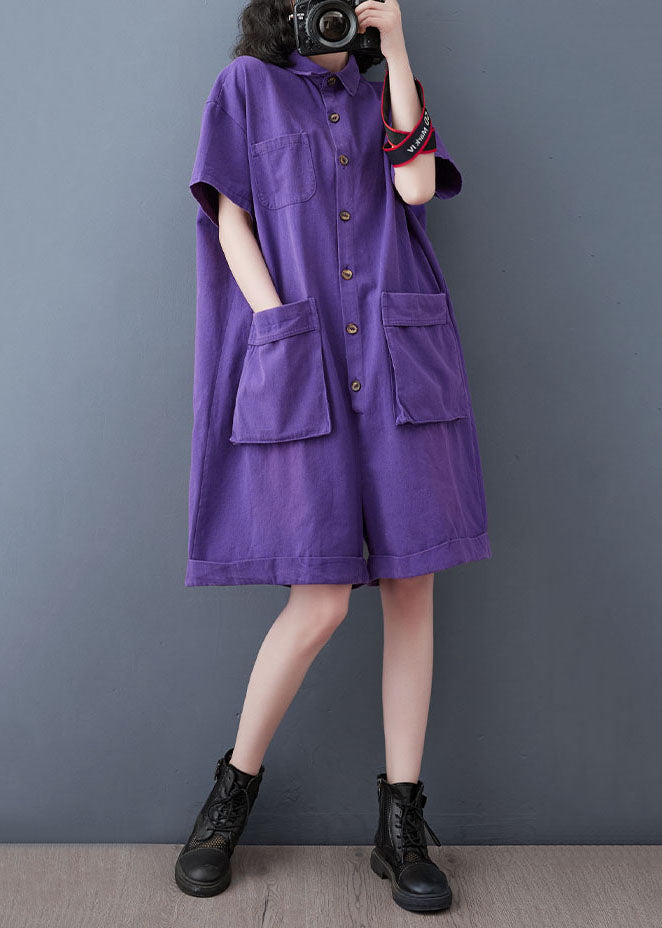 Purple Pockets Patchwork Peter Pan Collar Denim Shorts Jumpsuits Summer