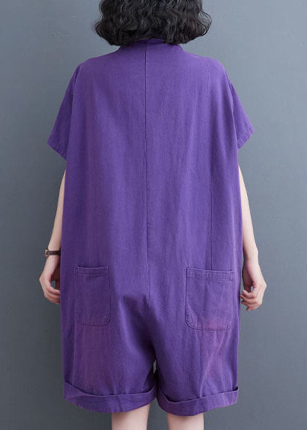 Purple Pockets Patchwork Peter Pan Collar Denim Shorts Jumpsuits Summer