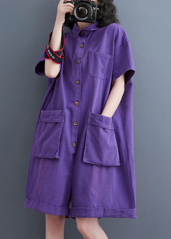 Ladies Purple Peter Pan Collar Button Denim Jumpsuit Summer