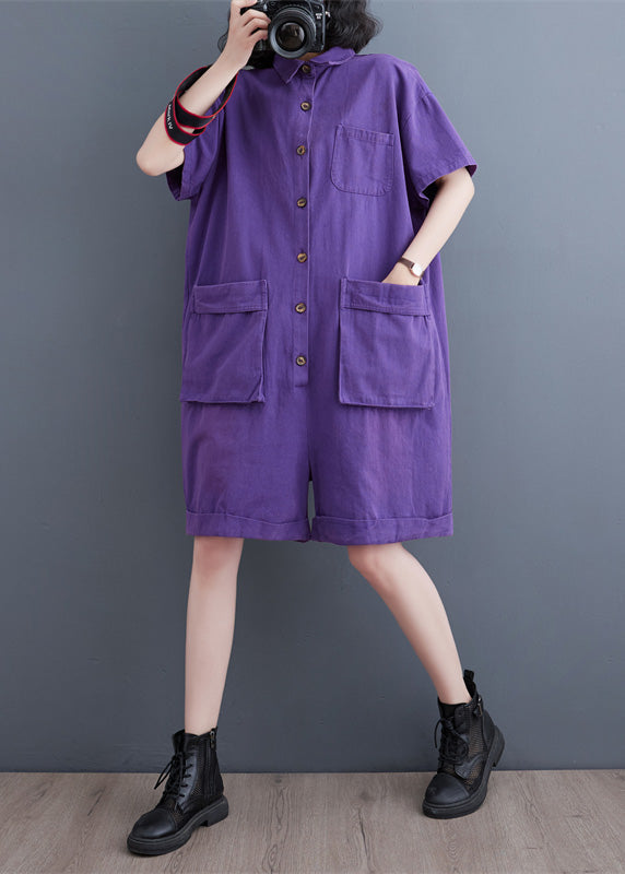 Ladies Purple Peter Pan Collar Button Denim Jumpsuit Summer