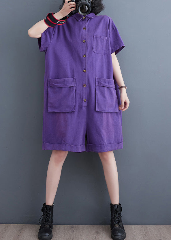 Ladies Purple Peter Pan Collar Button Denim Jumpsuit Summer