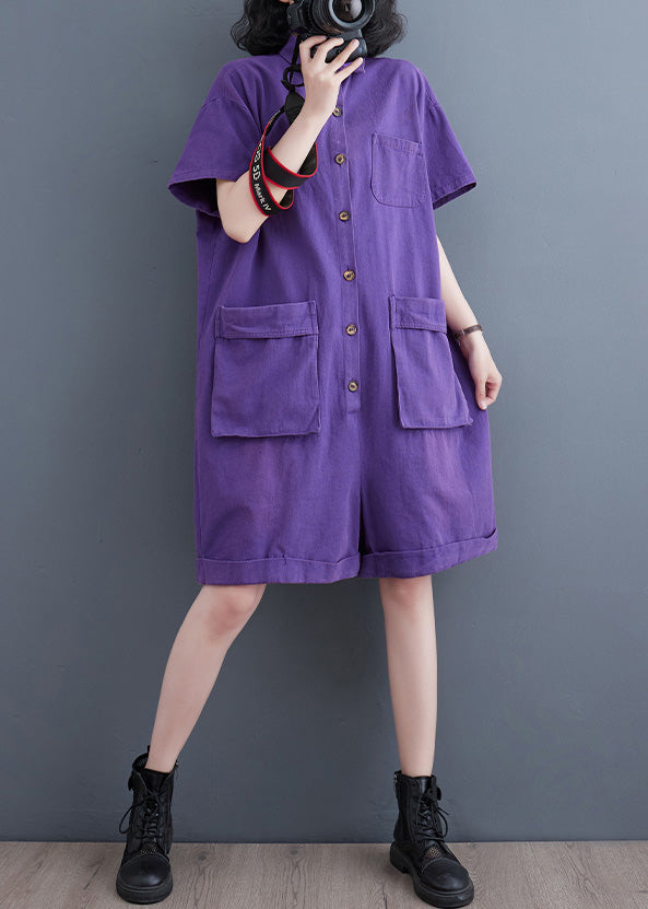 Ladies Purple Peter Pan Collar Button Denim Jumpsuit Summer