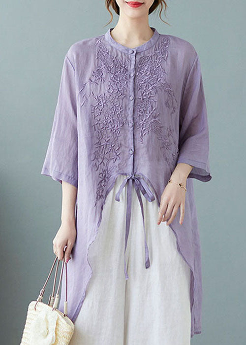 Purple Button Pockets Linen Tops Half Sleeve