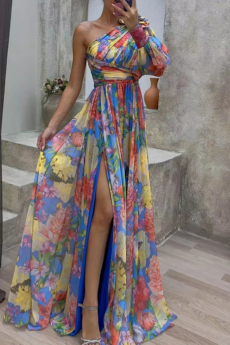 Purple Elegant Floral Slit Evening Dress