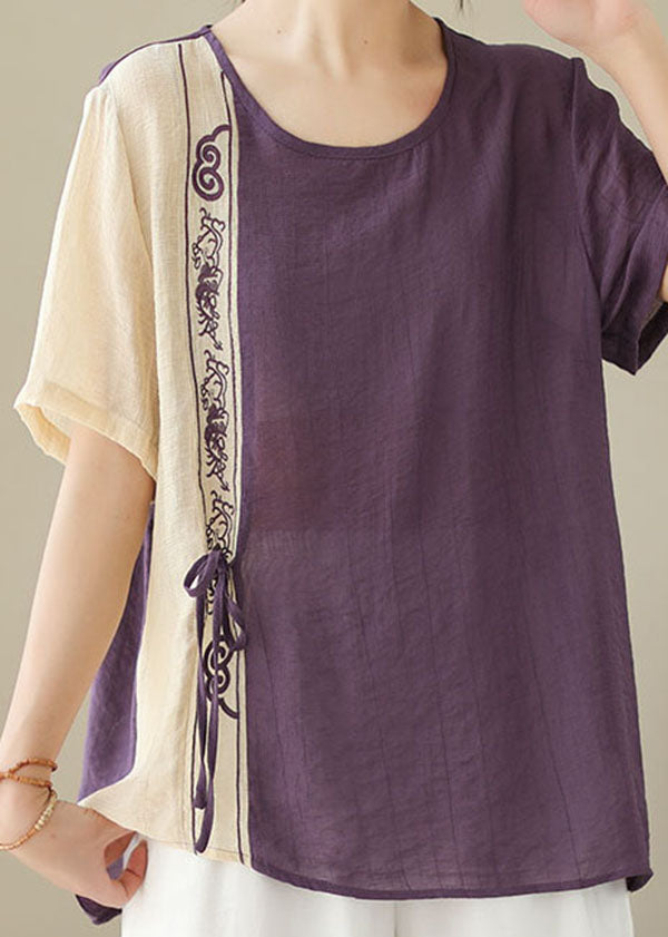 Purple Patchwork Embroidered Cotton Blouses Lace-Up Summer