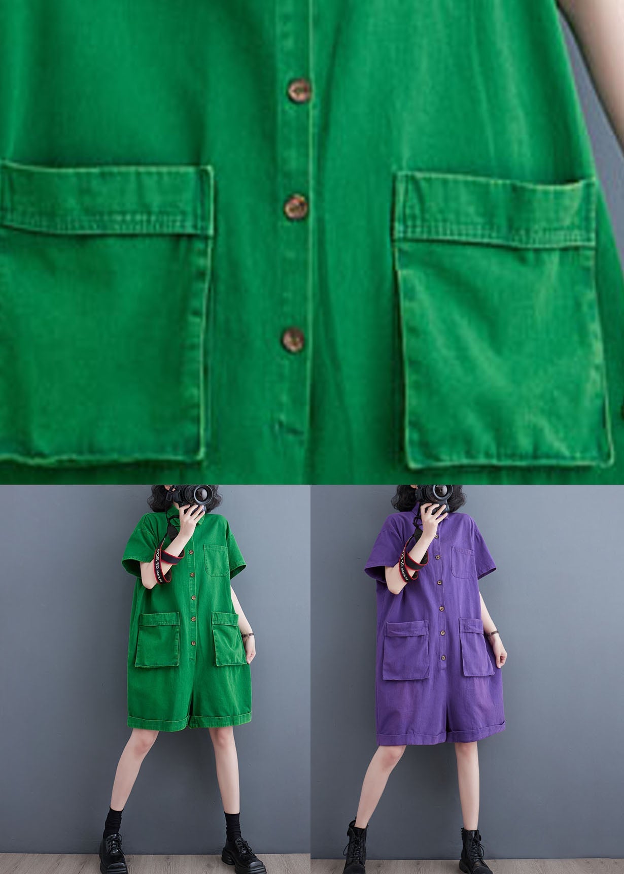 Purple Pockets Patchwork Peter Pan Collar Denim Shorts Jumpsuits Summer