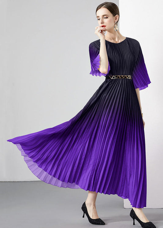 Purple Patchwork Loose Chiffon Long Dress Wrinkled O Neck Summer