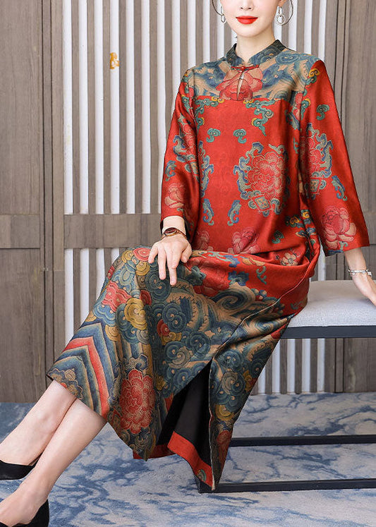 Chinese Style Silk Red Stand Collar Side Open Bracelet Sleeve Dress