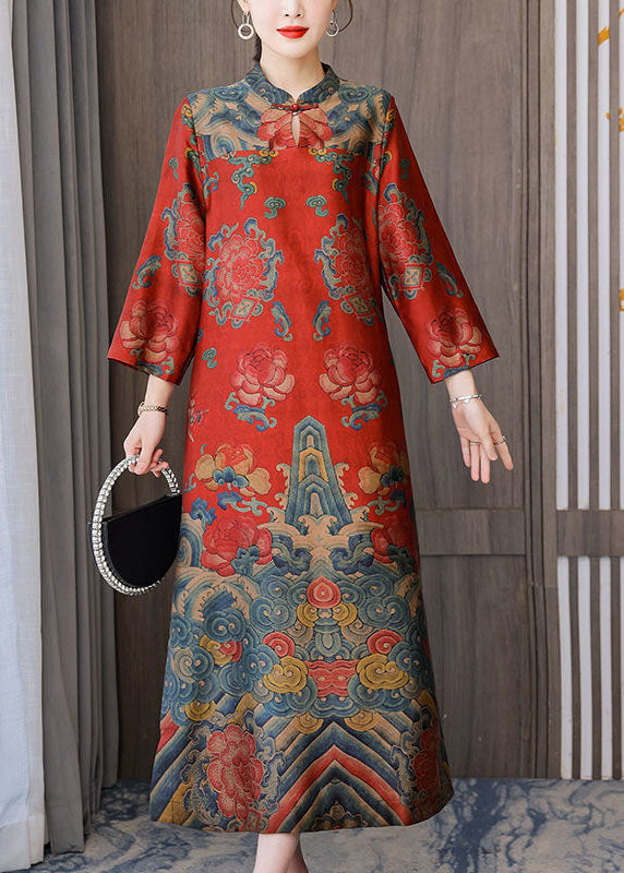 Chinese Style Silk Red Stand Collar Side Open Bracelet Sleeve Dress