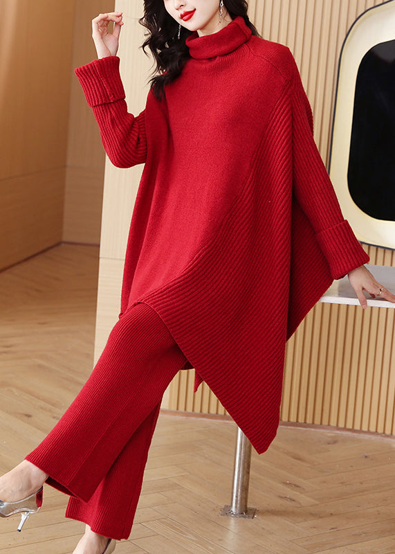 Red Cozy Knit Winter Two Pieces Set Asymmetrical