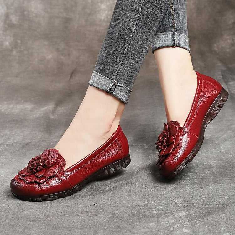 Red Floral Cowhide Leather Flat Shoes For Women Flat