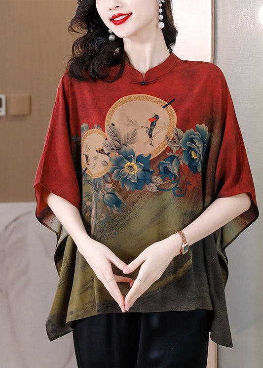 Red Loose Printed Silk Blouse Top Chinese Collar Batwing Sleeves