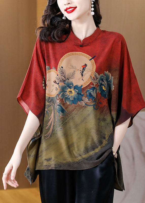 Red Loose Printed Silk Blouse Top Chinese Collar Batwing Sleeves