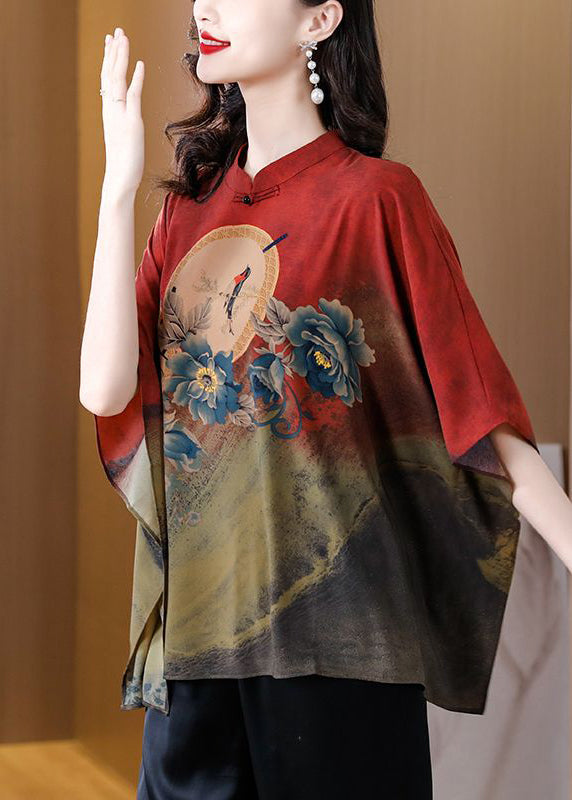 Red Loose Printed Silk Blouse Top Chinese Collar Batwing Sleeves